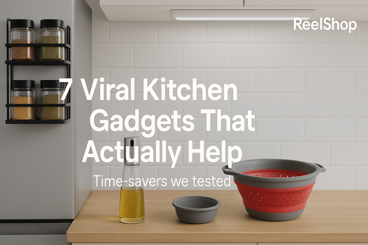 “Magnetic spice rack, glass oil sprayer and collapsible colander on a clean kitchen counter”