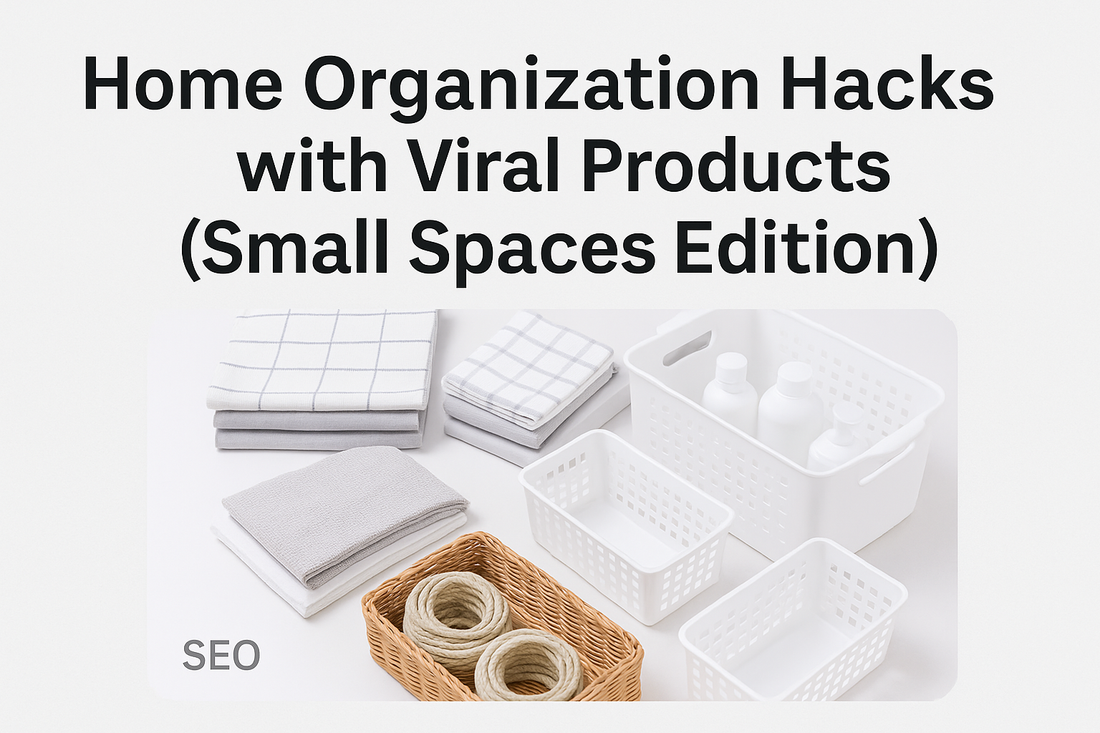 White storage baskets and folded towels arranged neatly for small-space organization