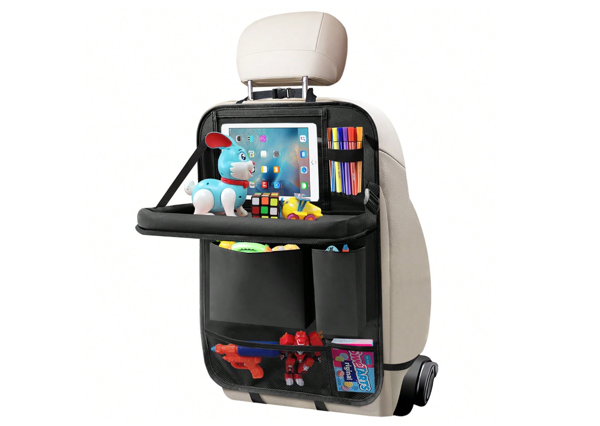 Car Seat Organizer with Foldable Tray and Tablet Holder – Kids Travel Storage Bag for Toys, Snacks & Essentials