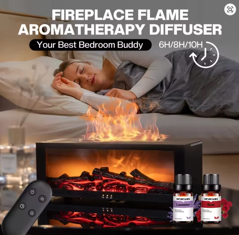 Aromatherapy diffuser with fireplace flame effect on bedside table

Woman sleeping next to ultra-quiet flame diffuser

Flame diffuser with remote control and warm amber light

Multi-color flame diffuser – green mode

Multi-color flame diffuser – purple mode

Close-up of logs and simulated flame