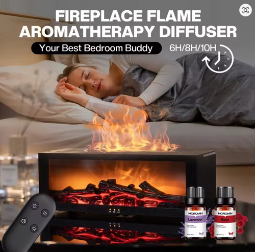 Aromatherapy diffuser with fireplace flame effect on bedside table

Woman sleeping next to ultra-quiet flame diffuser

Flame diffuser with remote control and warm amber light

Multi-color flame diffuser – green mode

Multi-color flame diffuser – purple mode

Close-up of logs and simulated flame