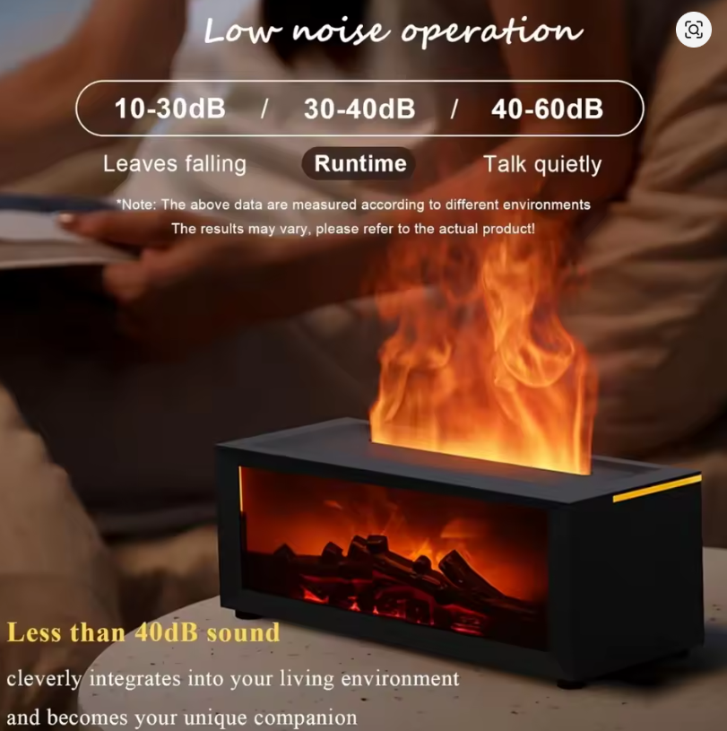 Aromatherapy diffuser with fireplace flame effect on bedside table

Woman sleeping next to ultra-quiet flame diffuser

Flame diffuser with remote control and warm amber light

Multi-color flame diffuser – green mode

Multi-color flame diffuser – purple mode

Close-up of logs and simulated flame