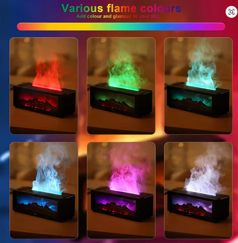 Aromatherapy diffuser with fireplace flame effect on bedside table

Woman sleeping next to ultra-quiet flame diffuser

Flame diffuser with remote control and warm amber light

Multi-color flame diffuser – green mode

Multi-color flame diffuser – purple mode

Close-up of logs and simulated flame