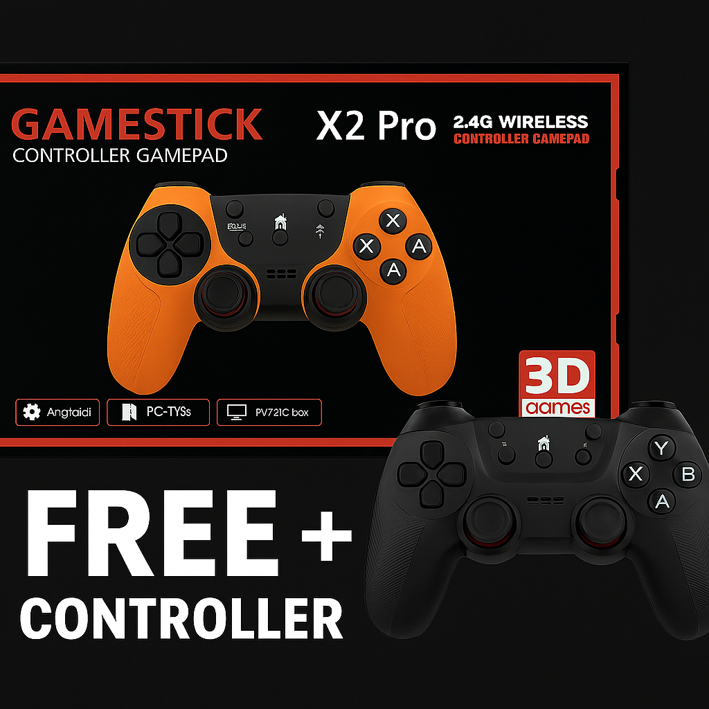 “X2 PRO retro game stick with two wireless controllers, 128GB and HDMI 4K”

“In the box: stick, TF 128GB, USB receiver, cables, 1 + 1 controller”

“Retro gaming menu at 60 FPS on a 4K TV”