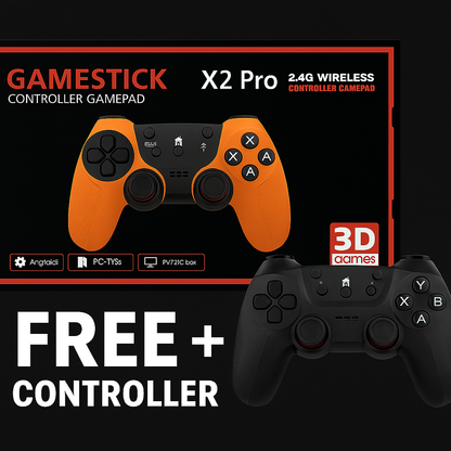 “X2 PRO retro game stick with two wireless controllers, 128GB and HDMI 4K”

“In the box: stick, TF 128GB, USB receiver, cables, 1 + 1 controller”

“Retro gaming menu at 60 FPS on a 4K TV”