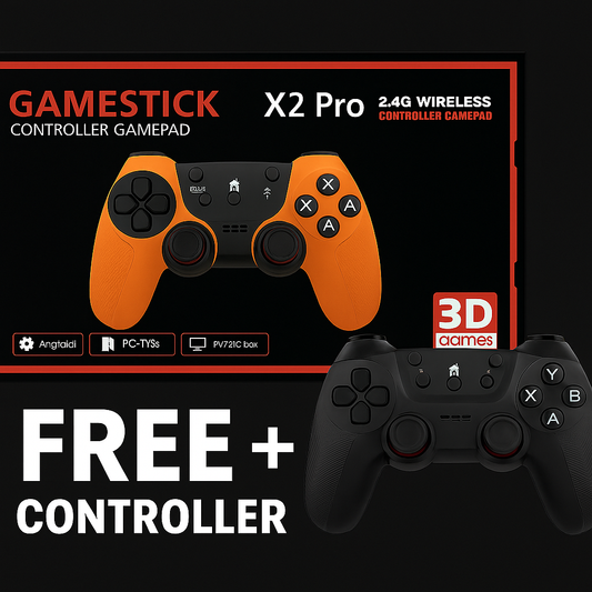 “X2 PRO retro game stick with two wireless controllers, 128GB and HDMI 4K”

“In the box: stick, TF 128GB, USB receiver, cables, 1 + 1 controller”

“Retro gaming menu at 60 FPS on a 4K TV”