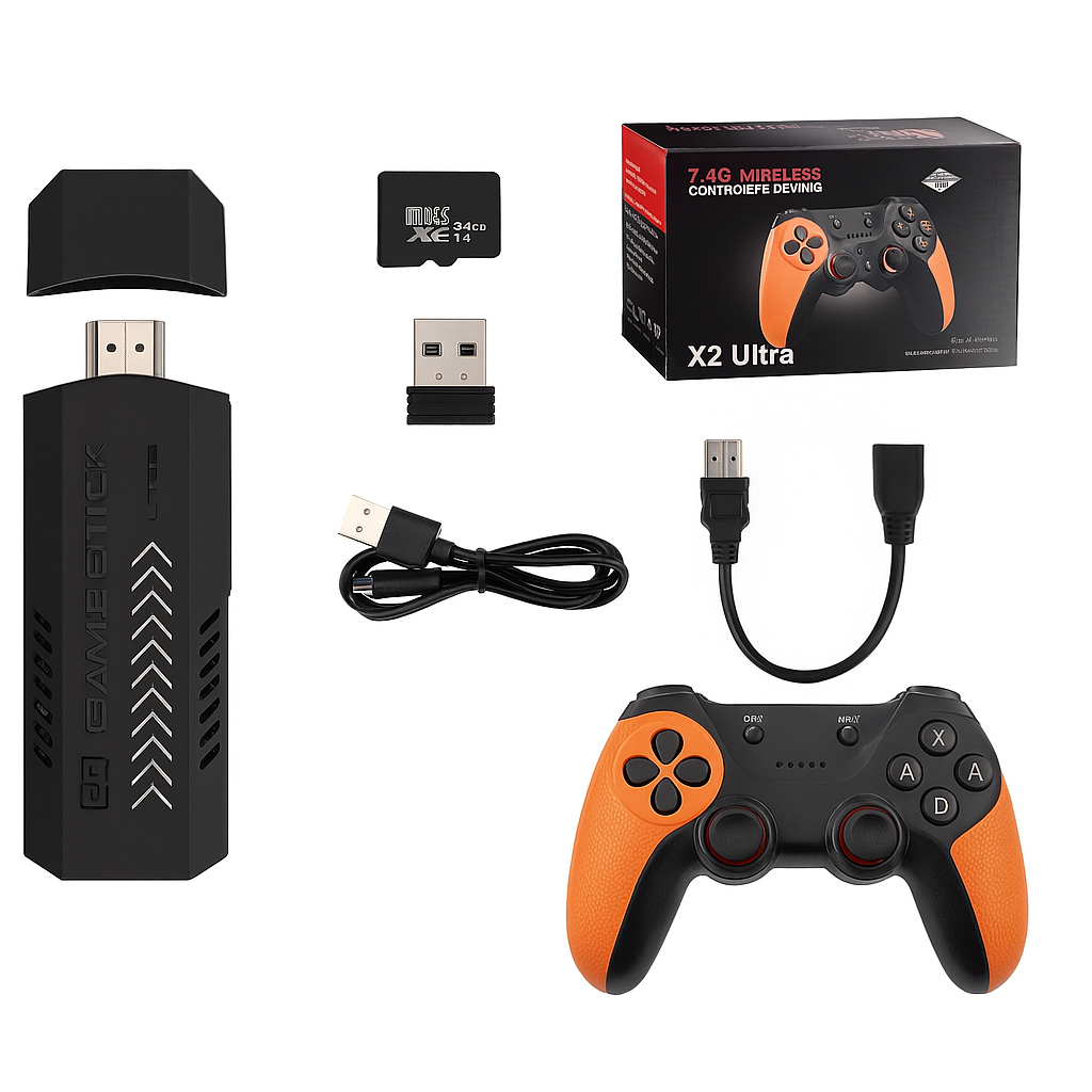 “X2 PRO retro game stick with two wireless controllers, 128GB and HDMI 4K”

“In the box: stick, TF 128GB, USB receiver, cables, 1 + 1 controller”

“Retro gaming menu at 60 FPS on a 4K TV”