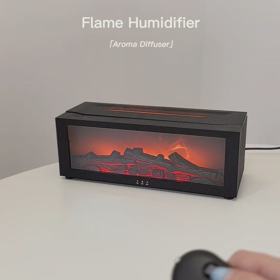 Aromatherapy diffuser with fireplace flame effect on bedside table

Woman sleeping next to ultra-quiet flame diffuser

Flame diffuser with remote control and warm amber light

Multi-color flame diffuser – green mode

Multi-color flame diffuser – purple mode

Close-up of logs and simulated flame