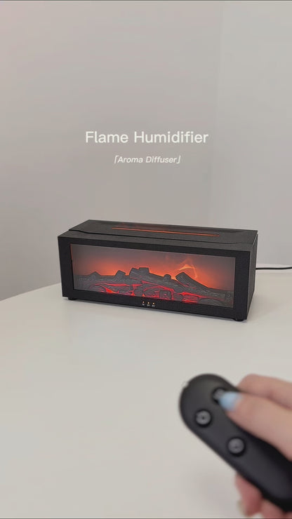 Aromatherapy diffuser with fireplace flame effect on bedside table

Woman sleeping next to ultra-quiet flame diffuser

Flame diffuser with remote control and warm amber light

Multi-color flame diffuser – green mode

Multi-color flame diffuser – purple mode

Close-up of logs and simulated flame